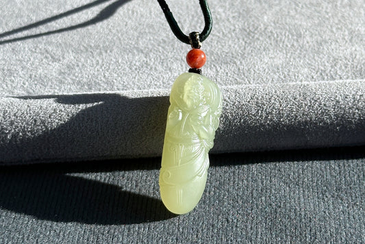 Certified Natural Icy Qingshui Nephrite Jade Carved Cai shen Pendant, Jade God of Wealth Pendant, 天然晴水和田玉财神吊坠
