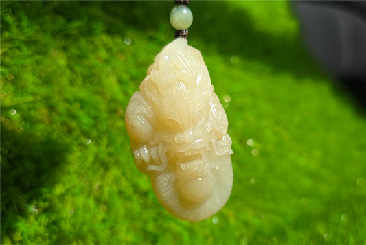 Certified Natural Ruoqiang yellow nephrite jade hand-carved dragon pendant, 天然若羌黄口和田玉手工雕刻龙吊住