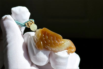 Certified Natural High Quality Sugar Brown and White Nephrite Jade Hand-Carved Koi Fish Pendant, 天然且末糖白和田玉苏工手工雕刻锦鲤吊坠