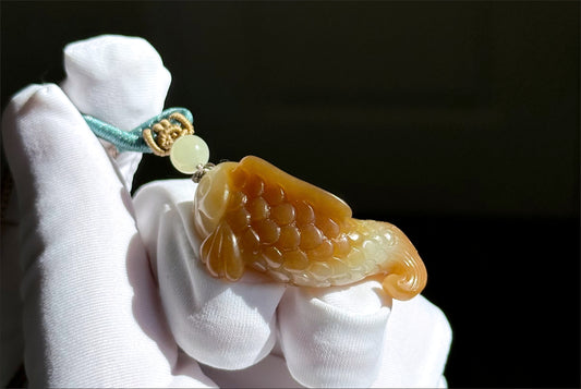 Certified Natural High Quality Sugar Brown and White Nephrite Jade Hand-Carved Koi Fish Pendant, 天然且末糖白和田玉苏工手工雕刻锦鲤吊坠