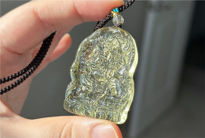 22.946 grams, Natural Top Grade High Clarity Authentic Libyan Desert Glass Tektite Carved Mahakala Pendant, 天然透体利比亚陨石雕刻大黑天吊坠