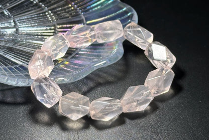 12x19mm, Natural Faceted Mozambique Rose Quartz Beads Bracelet, Soft Pink Rose Quartz Bracelet, 天然莫桑比克刻面粉水晶手串