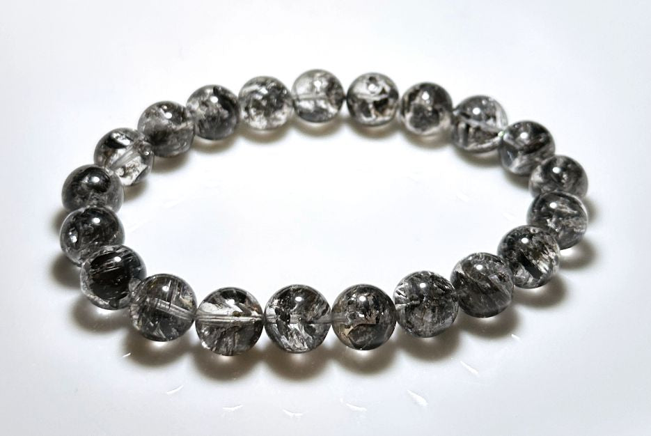 9mm+, Certified Natural High Grade Herkimer Diamond Round Beads Bracelet, Herkimer Diamond Bracelet, 天然最高级黑武士闪灵钻圆珠手串