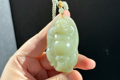 Big 73Grams, Certified Natural Untreated Warm White Nephrite Jade Hand-Carved Maitreya Buddha Pendant, 天然且末和田玉手工雕刻弥勒佛