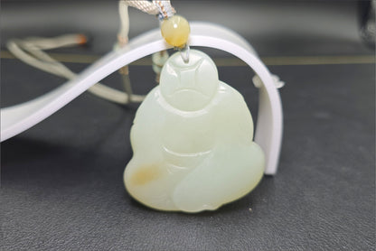 Certified Natural High-Quality Ruoqiang Yellow and Sugar Nephrite Jade Hand-Carved Maitreya Buddha Pendant, 天然若羌黄口带糖和田玉手工雕刻弥勒佛