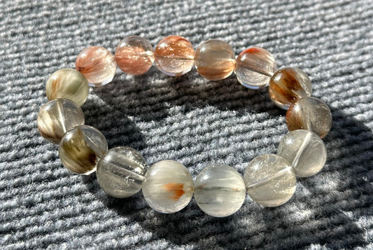 15mm+, Certified High Quality Natural Gray and Red Rabbit Hair Rutilated Quartz Bracelet, Multi Rabbit Hair Quartz Bracelet, 天然灰红兔毛水晶手串