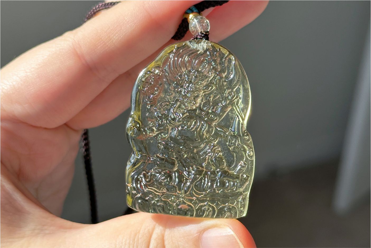 22.946 grams, Natural Top Grade High Clarity Authentic Libyan Desert Glass Tektite Carved Mahakala Pendant, 天然透体利比亚陨石雕刻大黑天吊坠