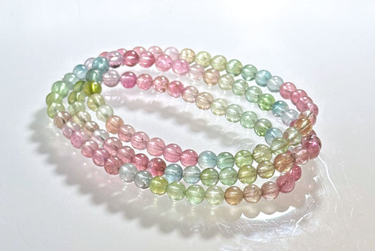 5mm+, Certified Natural Macaron High Clarity Three Wraps Tourmaline Bracelet, High Grade Rainbow Tourmaline Bracelet, 天然仙女马卡龙色玻璃体碧玺手串