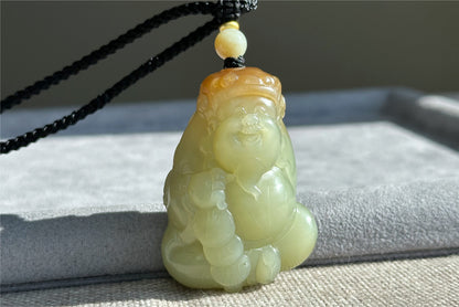 Certified Natural High-Quality Ruoqiang Yellow Nephrite Jade with Sugar Hand-Carved God of Wealth Big Pendant, 天然若羌黄口带糖手工雕刻财神吊坠