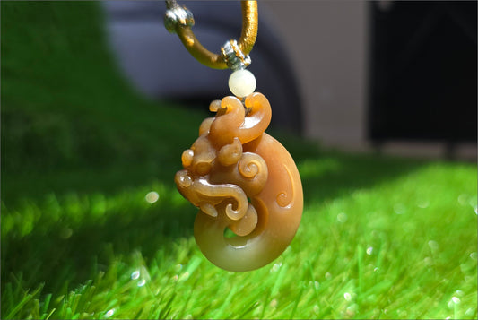 Certified Natural Qiemo Sugar and Warm White Nephrite Jade Hand Carved Antique Dragon Pendant, 天然且末糖白和田玉手工雕刻仿古龙精品吊坠