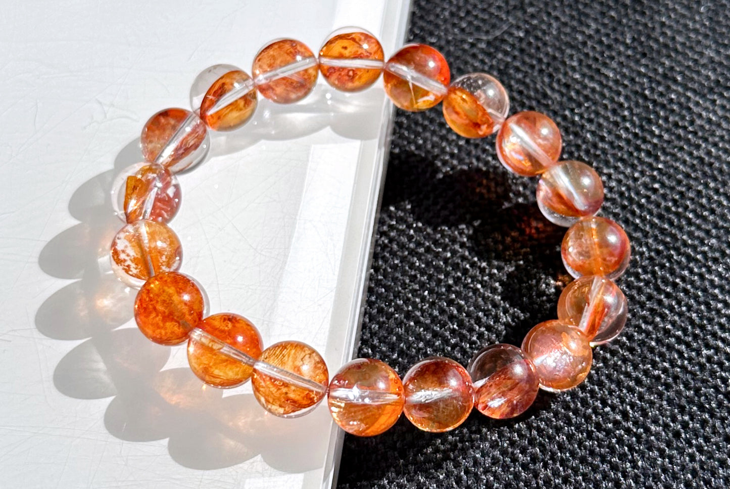 10.3mm+, Certified Natural Top Grade Fanta Hematoid Quartz Bead Bracelet, Fire Quartz bracelet, 天然顶级大闪片芬达橙胶花水晶手串