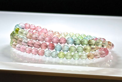 5mm+, Certified Natural Macaron High Clarity Three Wraps Tourmaline Bracelet, High Grade Rainbow Tourmaline Bracelet, 天然仙女马卡龙色玻璃体碧玺手串