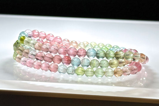 5mm+, Certified Natural Macaron High Clarity Three Wraps Tourmaline Bracelet, High Grade Rainbow Tourmaline Bracelet, 天然仙女马卡龙色玻璃体碧玺手串