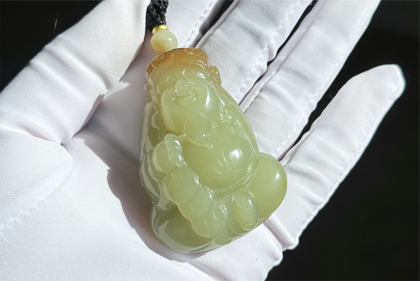 Certified Natural High-Quality Ruoqiang Yellow Nephrite Jade with Sugar Hand-Carved God of Wealth Big Pendant, 天然若羌黄口带糖手工雕刻财神吊坠
