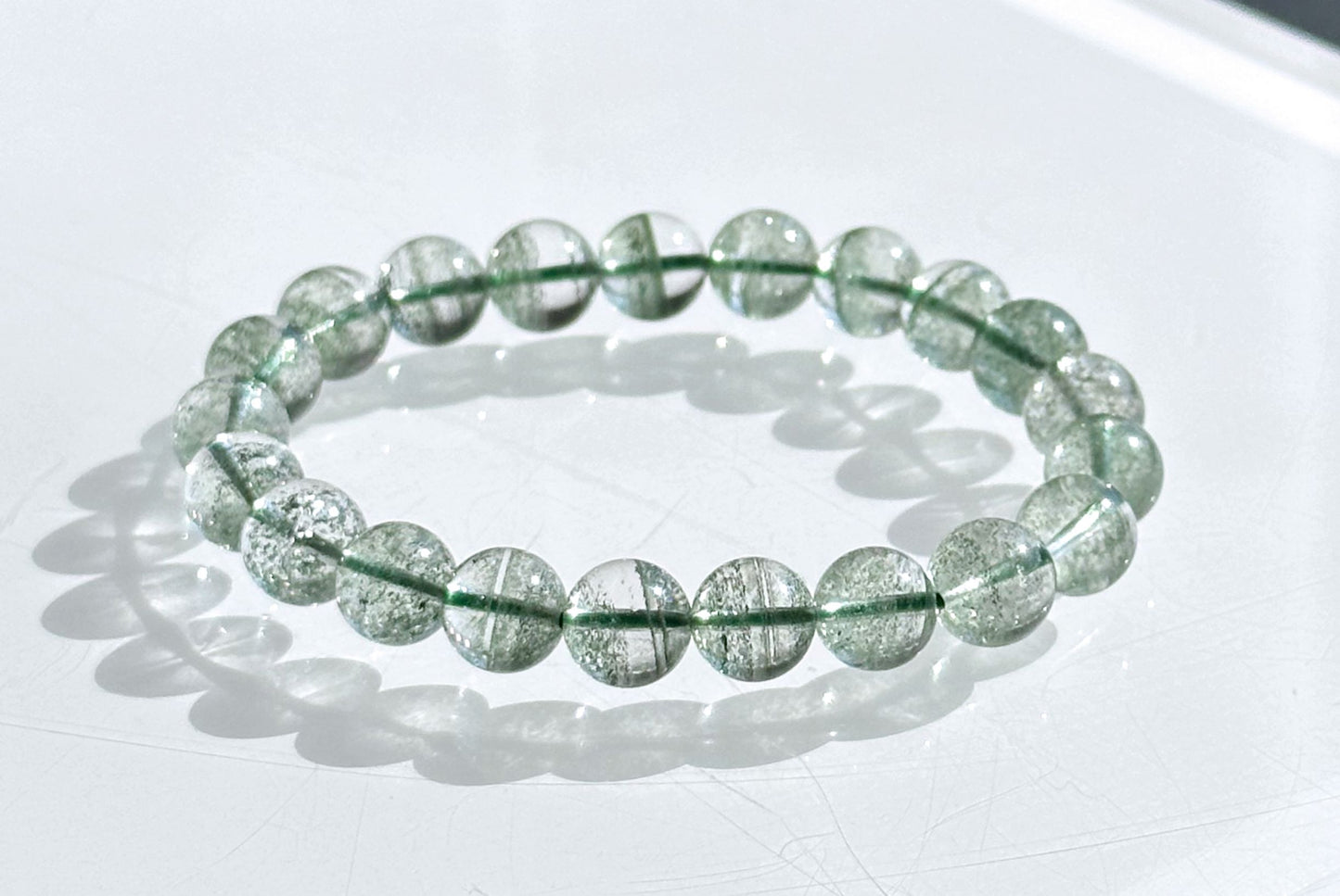 9mm+, Certified High Grade Natural Undyed Green Phantom Quartz Bracelet, High Clarity Green Phantom Bracelet, 鬼佬财神天然绿幽灵手串
