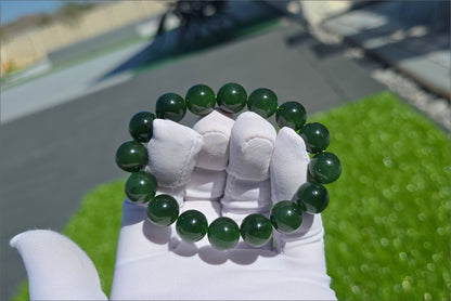 12mm, Certified Natural Rich Spinach Green Nephrite Jade Bead Bracelet, 天然俄老油菠菜绿碧玉手串