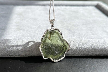 12.27Grams, Authentic Raw Moldavite tektite Silver Warpped Pendant, Real Raw Moldavite Pendant, 天然稀有捷克陨石原石手工包纯银吊坠