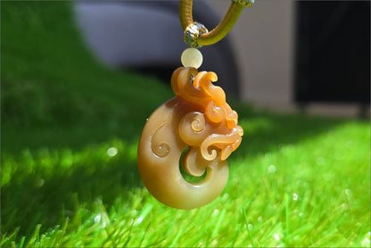 Certified Natural Qiemo Sugar and Warm White Nephrite Jade Hand Carved Antique Dragon Pendant, 天然且末糖白和田玉手工雕刻仿古龙精品吊坠
