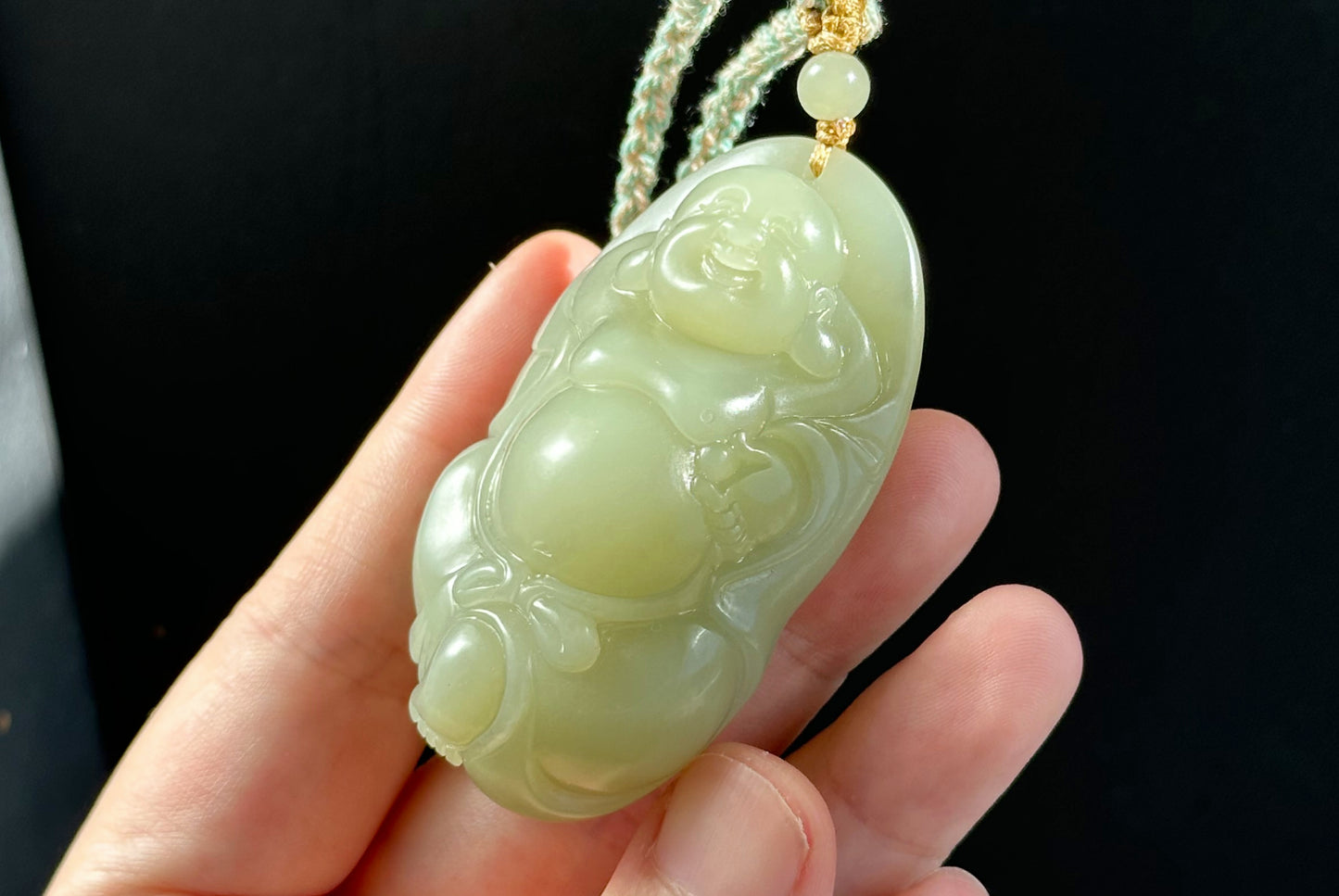 Big 73Grams, Certified Natural Untreated Warm White Nephrite Jade Hand-Carved Maitreya Buddha Pendant, 天然且末和田玉手工雕刻弥勒佛