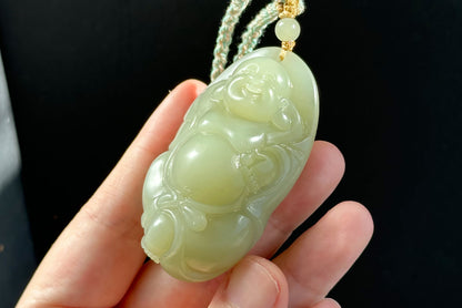 Big 73Grams, Certified Natural Untreated Warm White Nephrite Jade Hand-Carved Maitreya Buddha Pendant, 天然且末和田玉手工雕刻弥勒佛