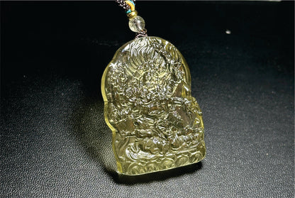 22.946 grams, Natural Top Grade High Clarity Authentic Libyan Desert Glass Tektite Carved Mahakala Pendant, 天然透体利比亚陨石雕刻大黑天吊坠