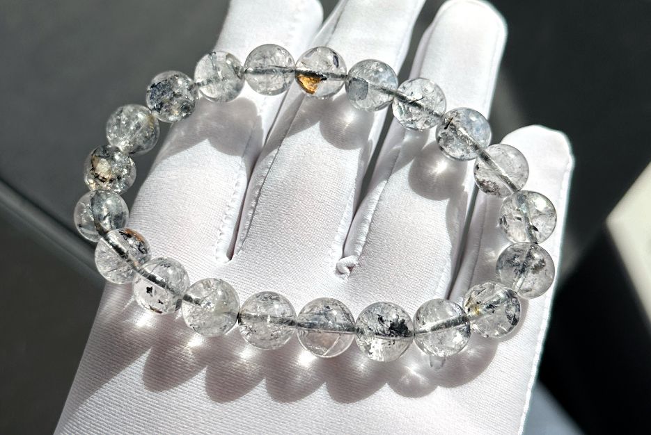 9.5mm, Natural Herkimer Diamond Round Beads Bracelet, Herkimer Diamond Bracelet, 天然闪灵钻圆珠手串