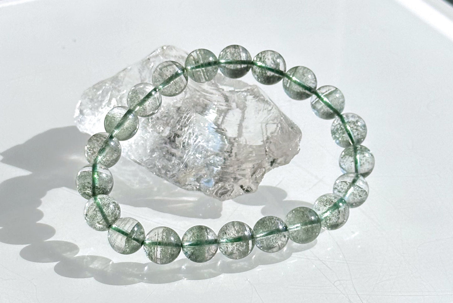 9mm+, Certified High Grade Natural Undyed Green Phantom Quartz Bracelet, High Clarity Green Phantom Bracelet, 鬼佬财神天然绿幽灵手串