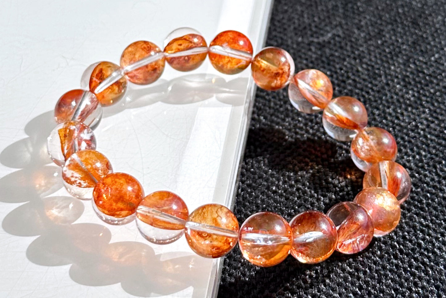 10.3mm+, Certified Natural Top Grade Fanta Hematoid Quartz Bead Bracelet, Fire Quartz bracelet, 天然顶级大闪片芬达橙胶花水晶手串