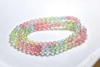 5mm+, Certified Natural Macaron High Clarity Three Wraps Tourmaline Bracelet, High Grade Rainbow Tourmaline Bracelet, 天然仙女马卡龙色玻璃体碧玺手串