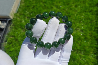 12mm, Certified Natural Rich Spinach Green Nephrite Jade Bead Bracelet, 天然俄老油菠菜绿碧玉手串