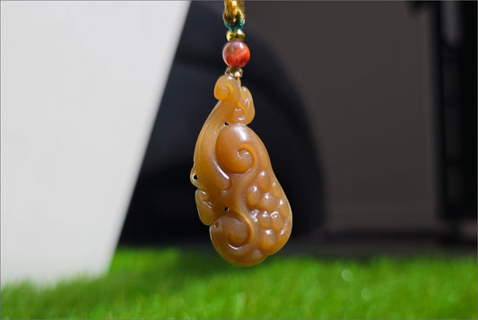 Certified Natural Qiemo Sugar Nephrite Jade Hand-Carved Ruyi Pendant, 天然且末糖手工雕刻如意吊坠