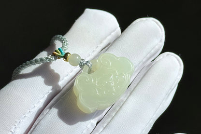 Certified Natural White Nephrite Jade Carved Lotus Peace Lock Pendant, White Jade Pendant, 天然和田白玉莲花锁吊坠