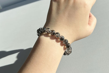 9mm+, Certified Natural High Grade Herkimer Diamond Round Beads Bracelet, Herkimer Diamond Bracelet, 天然最高级黑武士闪灵钻圆珠手串