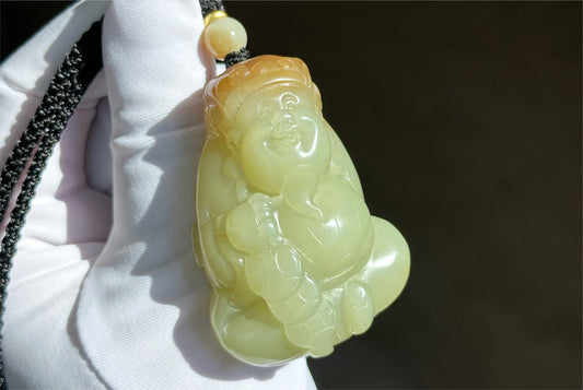 Certified Natural High-Quality Ruoqiang Yellow Nephrite Jade with Sugar Hand-Carved God of Wealth Big Pendant, 天然若羌黄口带糖手工雕刻财神吊坠
