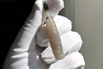 Certified Natural Smoky Gray Nephrite Jade Carved Nine-Eyed Dzi Bead Pendant, 天然烟灰和田玉雕刻九眼天珠吊坠