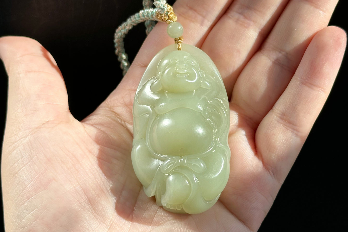 Big 73Grams, Certified Natural Untreated Warm White Nephrite Jade Hand-Carved Maitreya Buddha Pendant, 天然且末和田玉手工雕刻弥勒佛