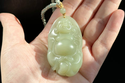 Big 73Grams, Certified Natural Untreated Warm White Nephrite Jade Hand-Carved Maitreya Buddha Pendant, 天然且末和田玉手工雕刻弥勒佛