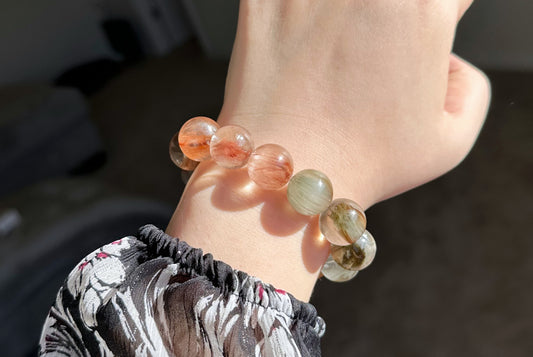15mm+, Certified High Quality Natural Gray and Red Rabbit Hair Rutilated Quartz Bracelet, Multi Rabbit Hair Quartz Bracelet, 天然灰红兔毛水晶手串