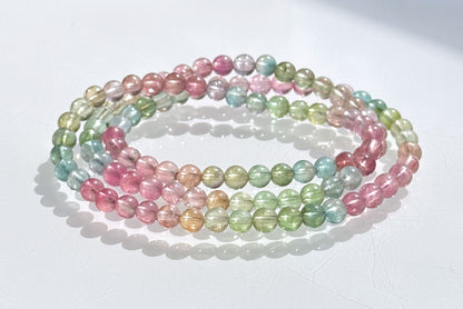 5mm+, Certified Natural Macaron High Clarity Three Wraps Tourmaline Bracelet, High Grade Rainbow Tourmaline Bracelet, 天然仙女马卡龙色玻璃体碧玺手串