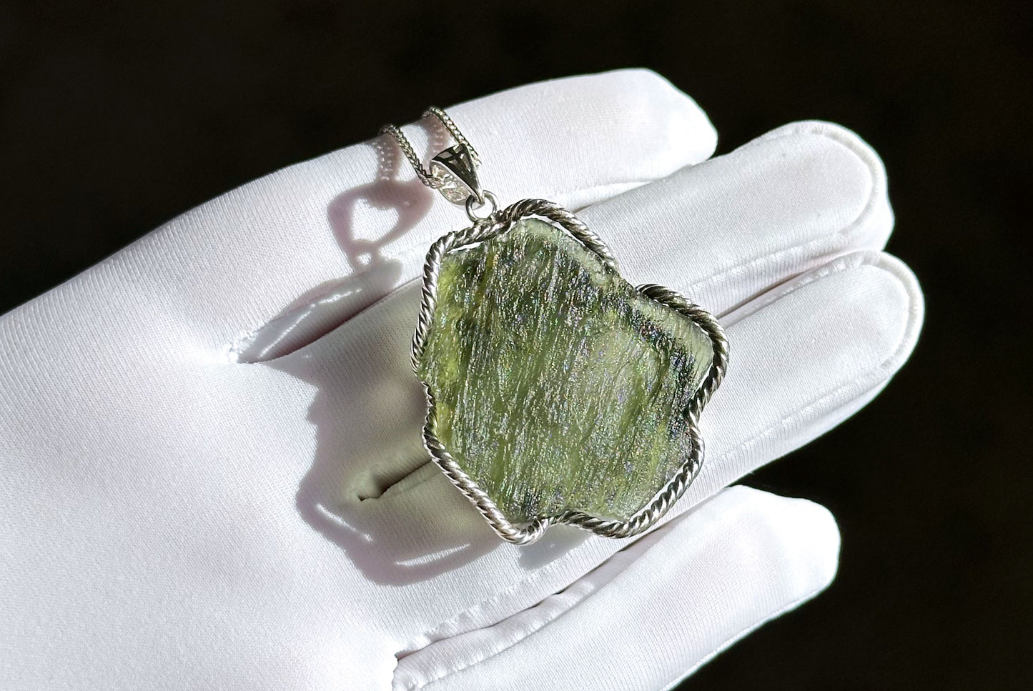 12.27Grams, Authentic Raw Moldavite tektite Silver Warpped Pendant, Real Raw Moldavite Pendant, 天然稀有捷克陨石原石手工包纯银吊坠