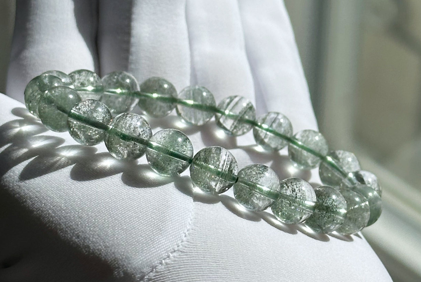 9mm+, Certified High Grade Natural Undyed Green Phantom Quartz Bracelet, High Clarity Green Phantom Bracelet, 鬼佬财神天然绿幽灵手串