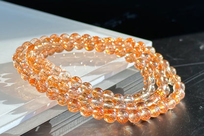 5.5mm+, Certified Collection Grade Natural Orange Golden Sunstone multi Wraps bracelet, Top Grade Sunstone bracelet, 天然收藏级白水体+爆闪大闪片金太阳石多圈
