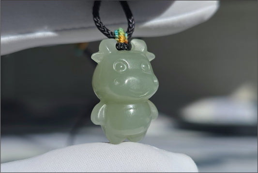 Certified Natural Lake-Green Nephrite Jade Ox Pendant | Small Carved Jade Pendant | 天然湖水绿软玉小牛吊坠