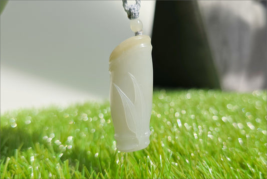Certified Natural Qiemo Warm White Nephrite Jade Hand-Carved Bamboo Shoot Pendant, 天然且末白和田玉手工雕刻竹节吊坠