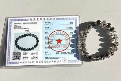 9mm+, Certified Natural High Grade Herkimer Diamond Round Beads Bracelet, Herkimer Diamond Bracelet, 天然最高级黑武士闪灵钻圆珠手串