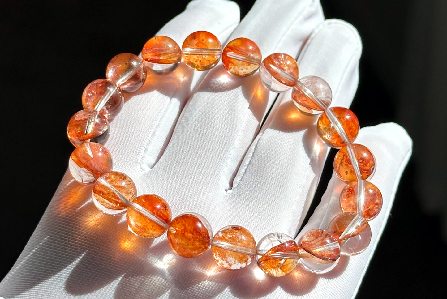 10.3mm+, Certified Natural Top Grade Fanta Hematoid Quartz Bead Bracelet, Fire Quartz bracelet, 天然顶级大闪片芬达橙胶花水晶手串