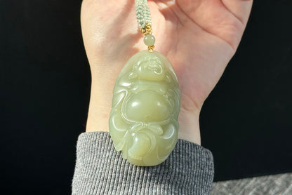 Big 73Grams, Certified Natural Untreated Warm White Nephrite Jade Hand-Carved Maitreya Buddha Pendant, 天然且末和田玉手工雕刻弥勒佛