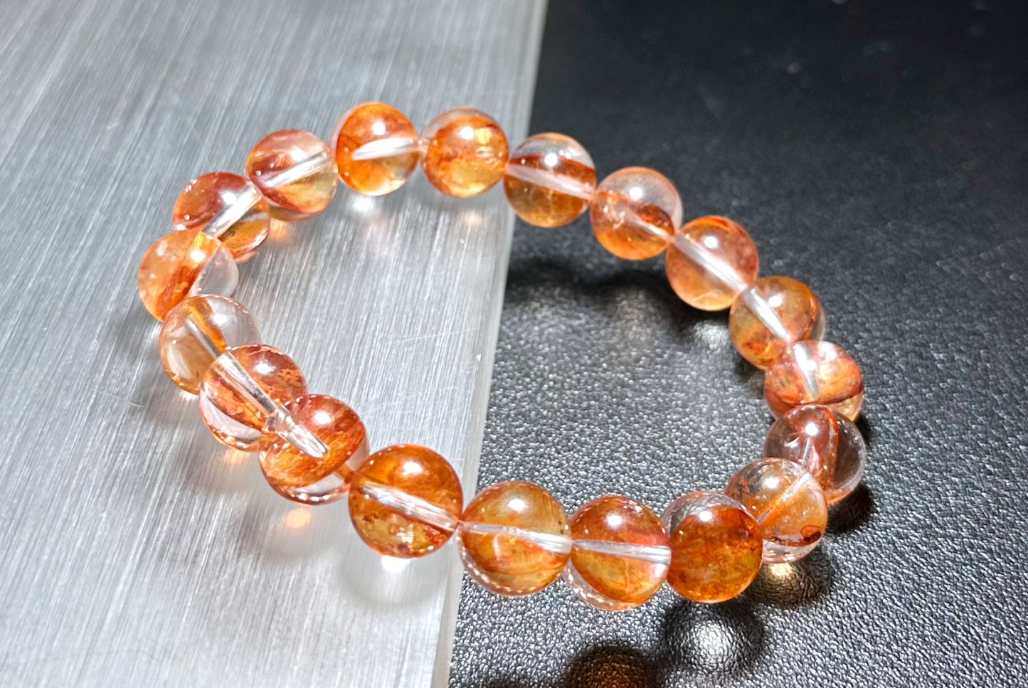 10.3mm+, Certified Natural Top Grade Fanta Hematoid Quartz Bead Bracelet, Fire Quartz bracelet, 天然顶级大闪片芬达橙胶花水晶手串