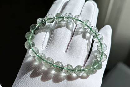 9mm+, Certified High Grade Natural Undyed Green Phantom Quartz Bracelet, High Clarity Green Phantom Bracelet, 鬼佬财神天然绿幽灵手串