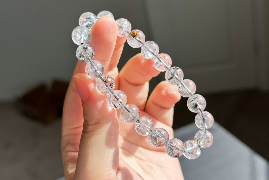 9.5mm, Natural Herkimer Diamond Round Beads Bracelet, Herkimer Diamond Bracelet, 天然闪灵钻圆珠手串